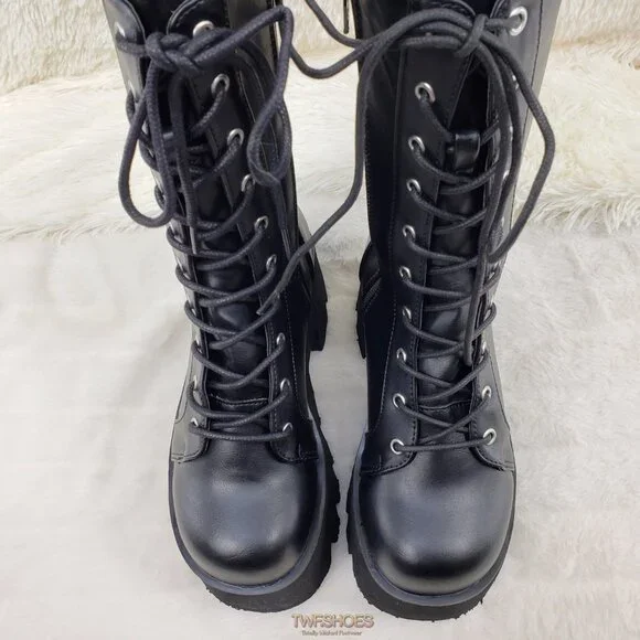 Ashes Black Matte Platform Goth Punk Mid Calf Combat Boots - Picture 12 of 14